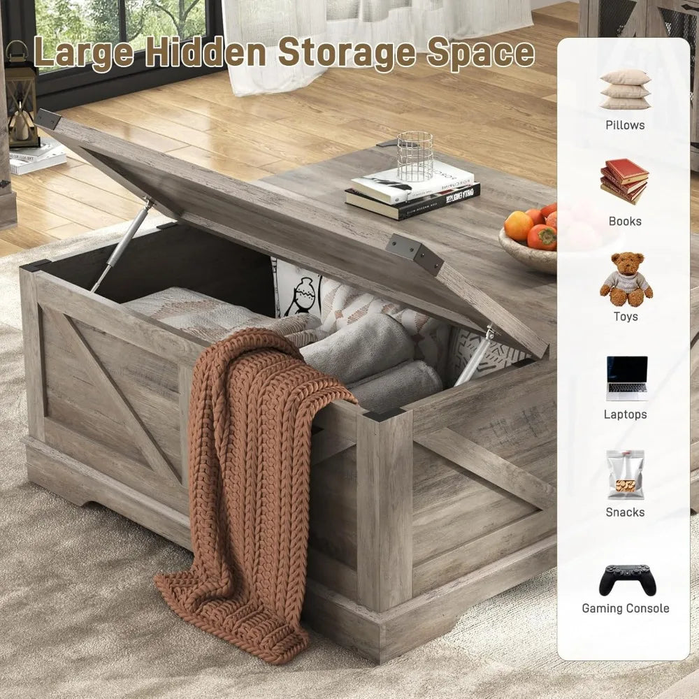 Farmhouse Lift Top Coffee Table With Power Outlets And Storage