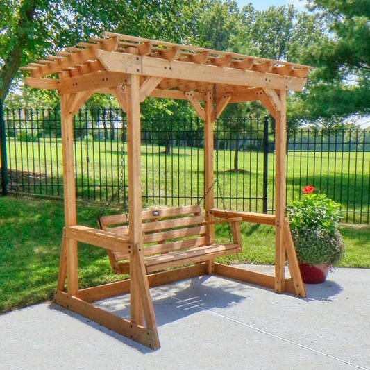 Cedar Wood Outdoor Patio Pergola Swing Bench With Trellis