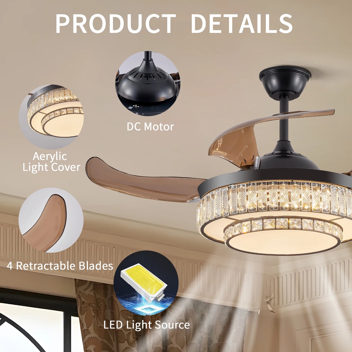 ARLGSITE Crystal Ceiling Fan Light With Remote Control And Timer