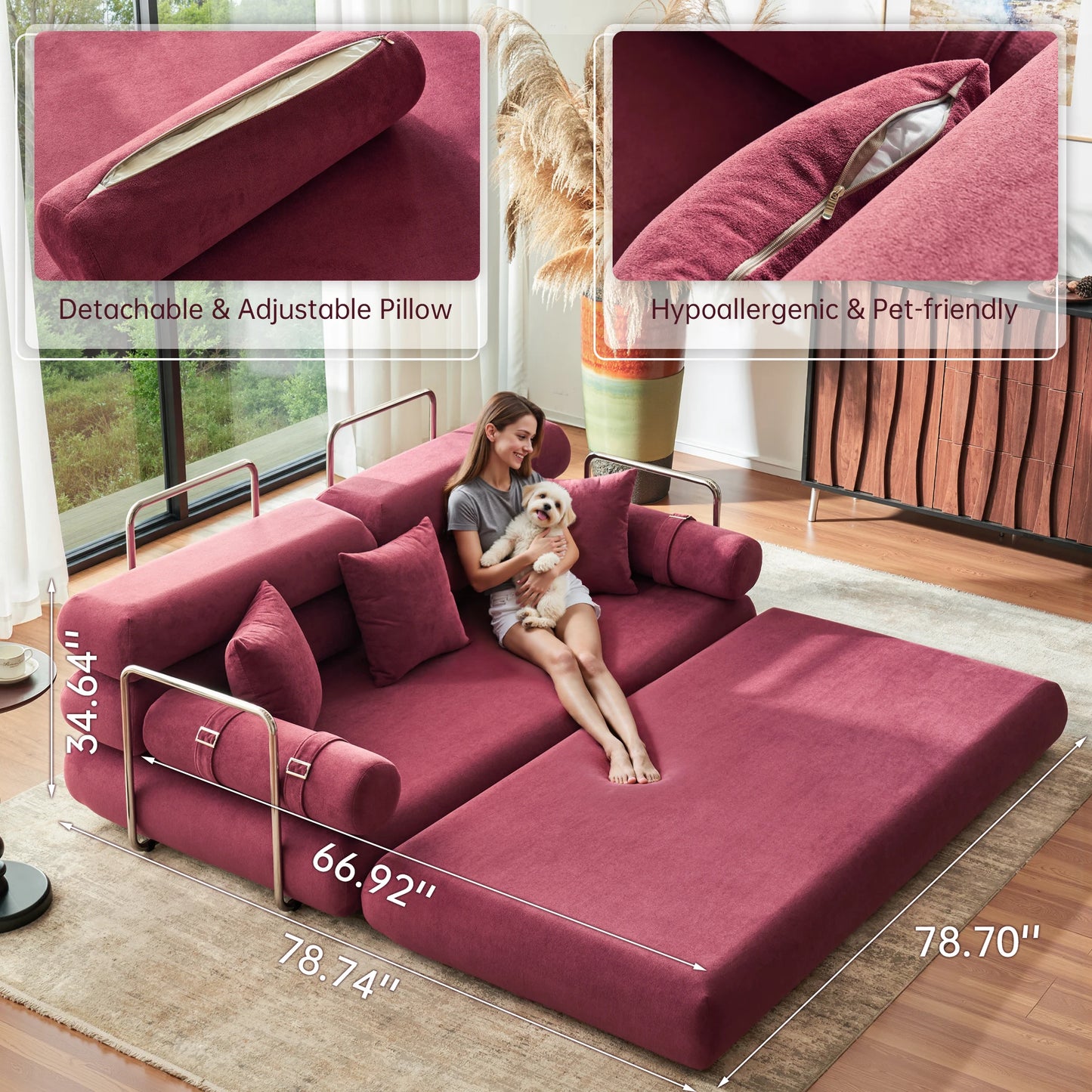 Convertible Sleeper Sofa Floor Folding Bed With Rounded Arm Supports