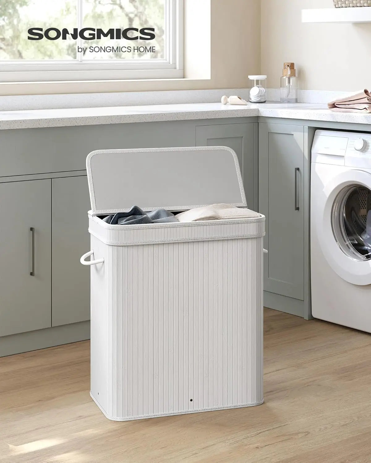 Foldable Bamboo Laundry Basket with Lid, Removable Washable Liner, Large Capacity for Home Use