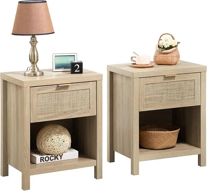 Chengwei Rattan Nightstands Set of 2 Farmhouse Boho Bedside Tables