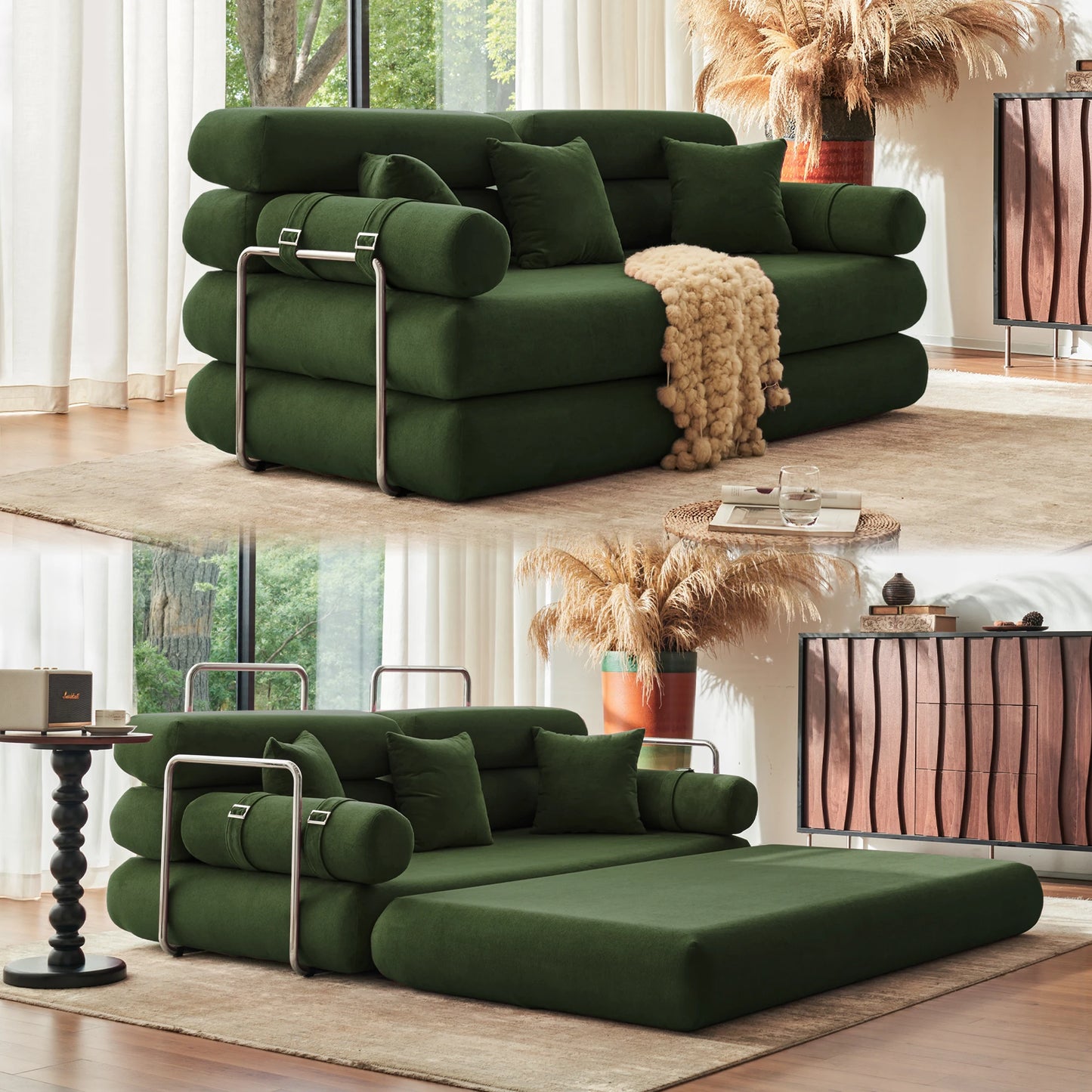 Convertible Sleeper Sofa Floor Folding Bed With Rounded Arm Supports