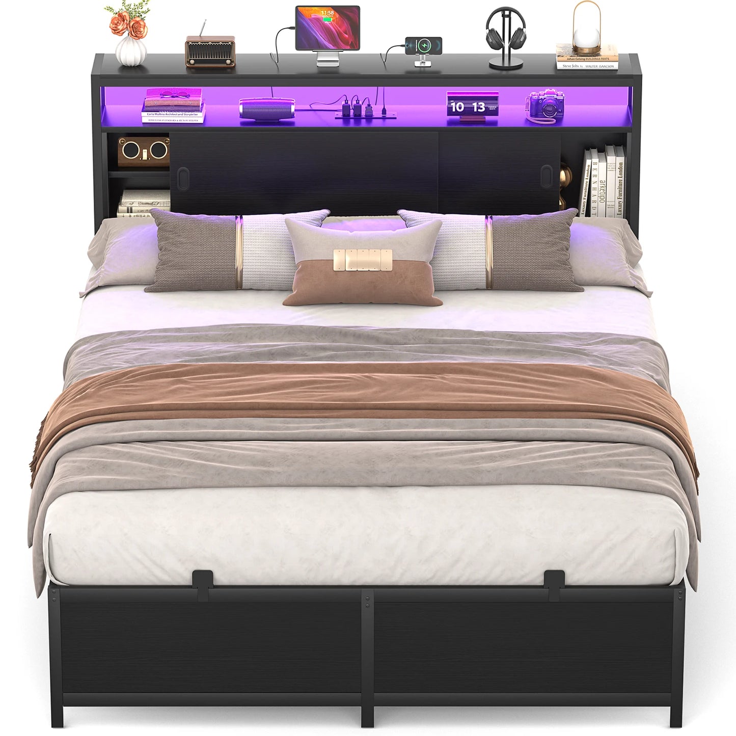 Aheaplus Bed Frame With Storage Headboard Sliding Doors USB LED