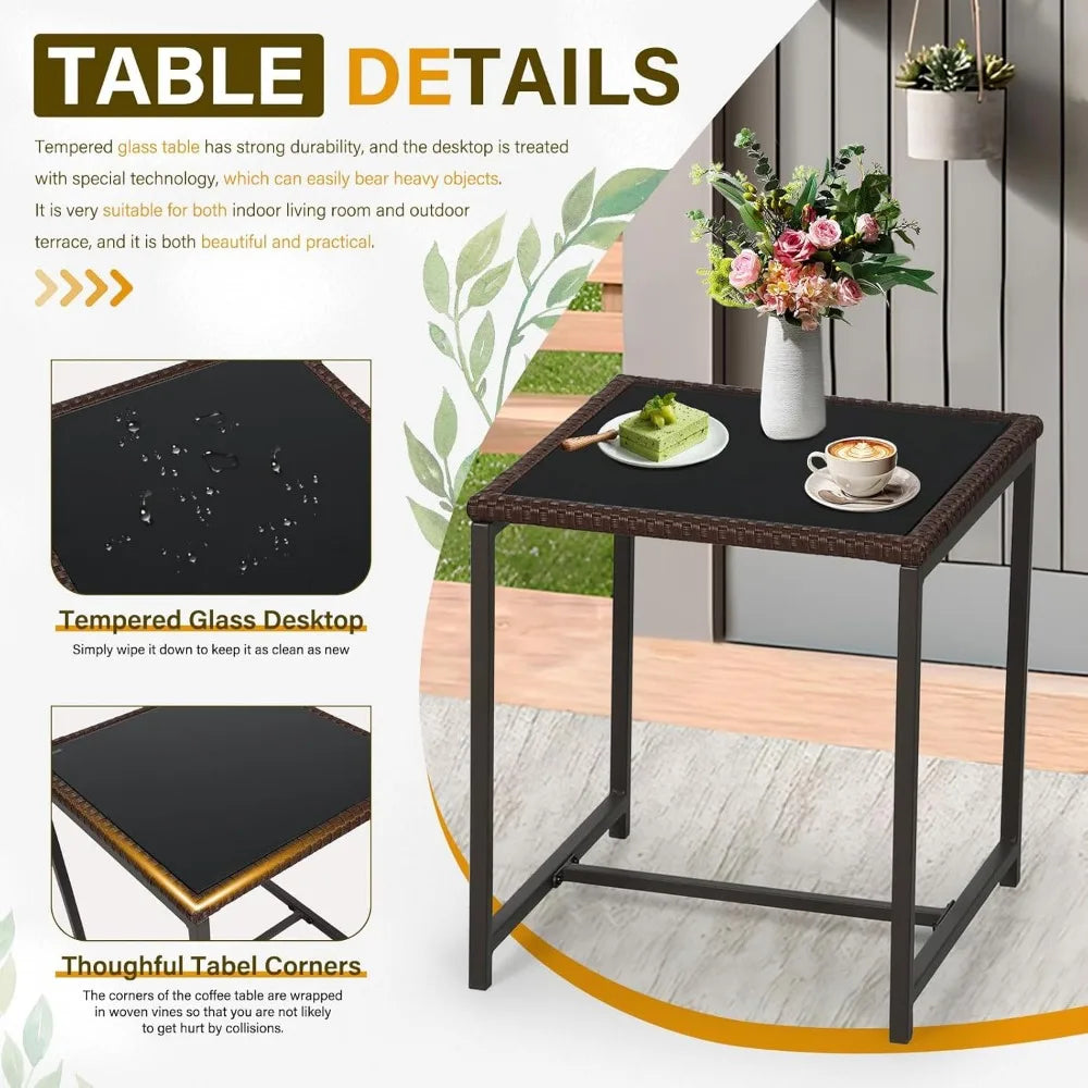 3 Piece Outdoor Patio Bistro Set With Wicker Glass Table