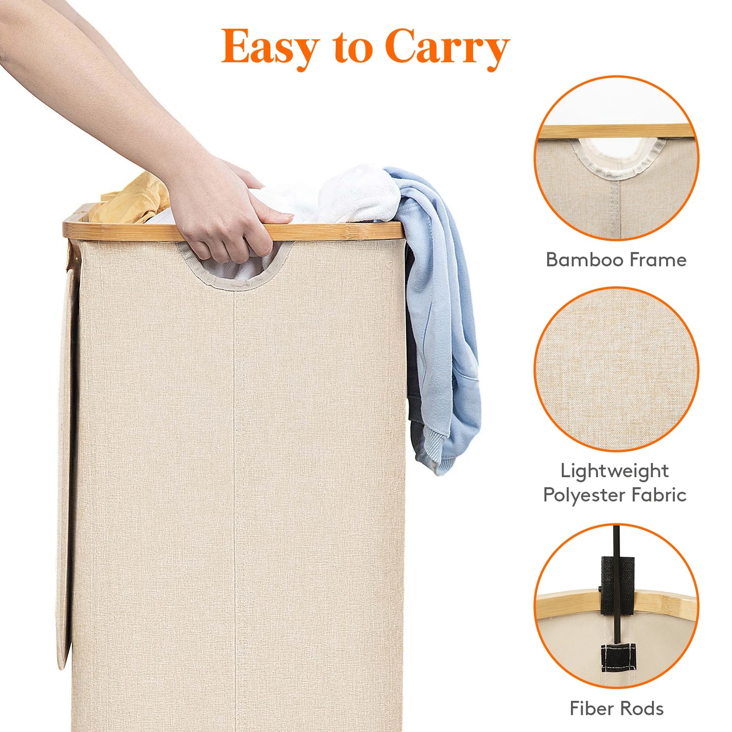 Laundry Basket with Lid, Clothes Hampers for Laundry with Bamboo Handles and A Removable Laundry Bag