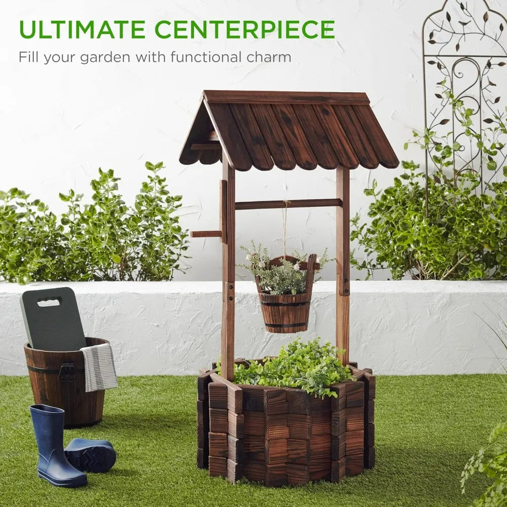 Rustic Wooden Wishing Well Planter Outdoor Home Décor for Patio, Garden, Yard w/Hanging Bucket