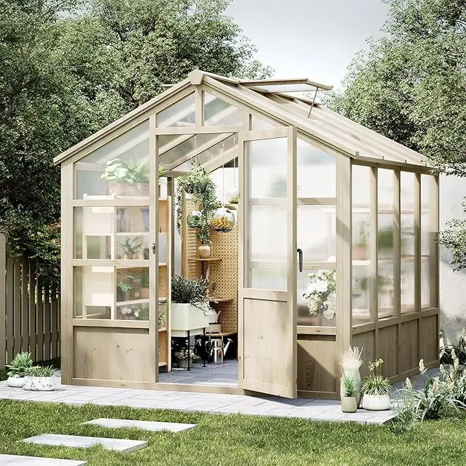 Outdoor Greenhouse,Heavy Duty Wooden Greenhouse with Polycarbonate Panels & Lockable Door - Sturdy Wood Frame Garden Green House