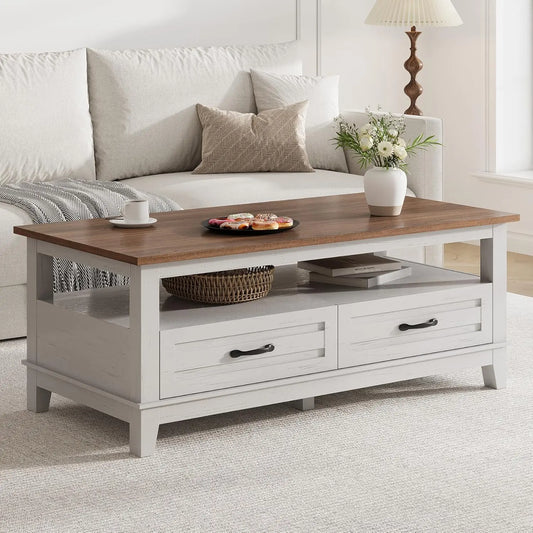 ANGDUO Farmhouse Coffee Table With Drawers And Open Shelf