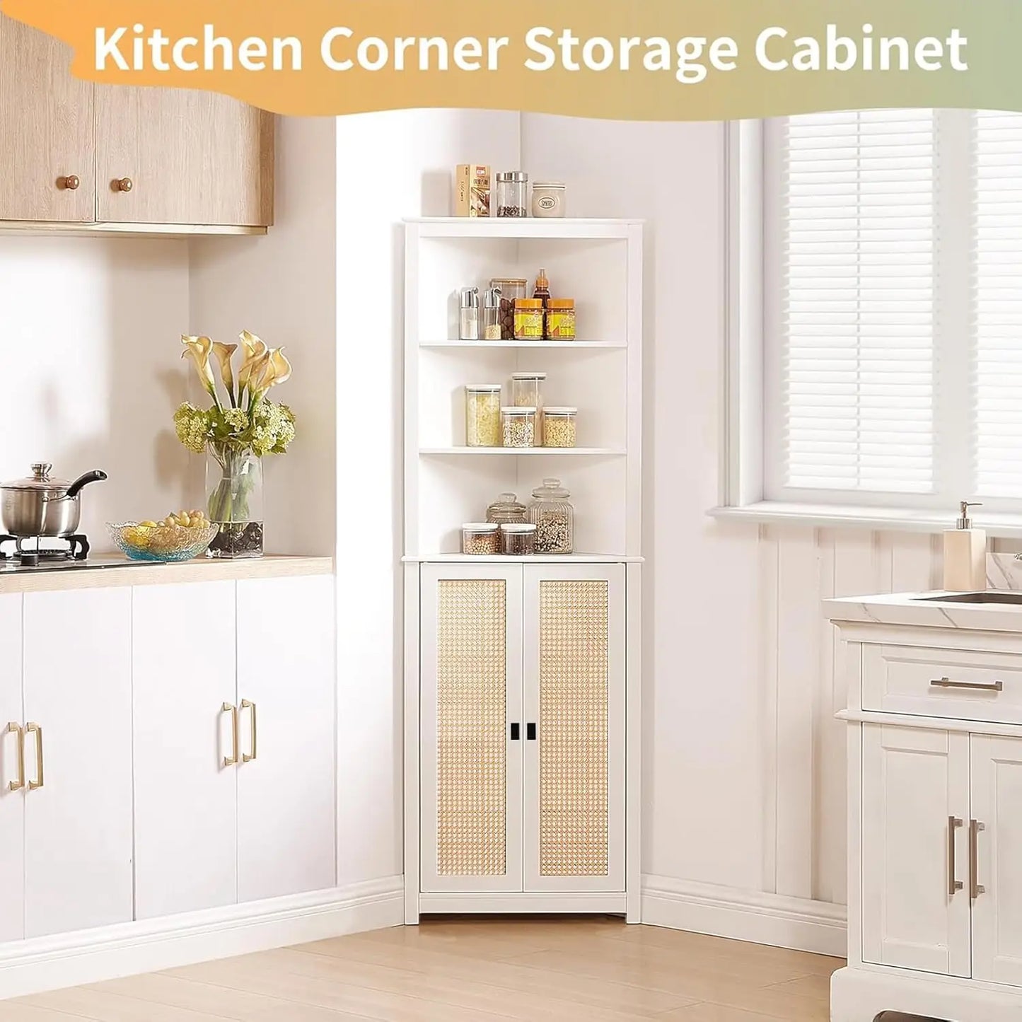 HiMISS Rattan Freestanding Corner Cabinet With 2 Doors Adjustable Shelves