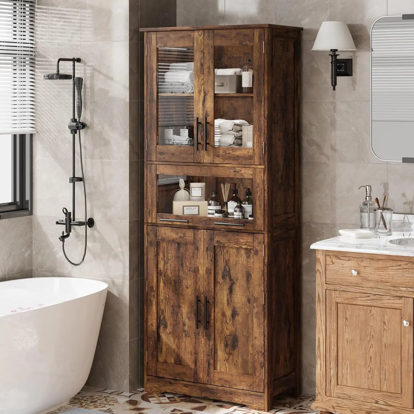 Freestanding Bathroom Cabinet With Glass Doors And Drawers