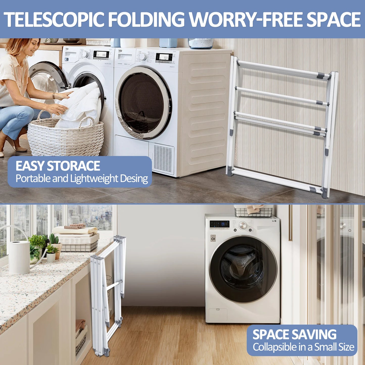 Folding Drying Rack Floor Metal Clothes Hanger Telescopic Multi-layer Adjustable Household for Home Camping Travel Outdoor