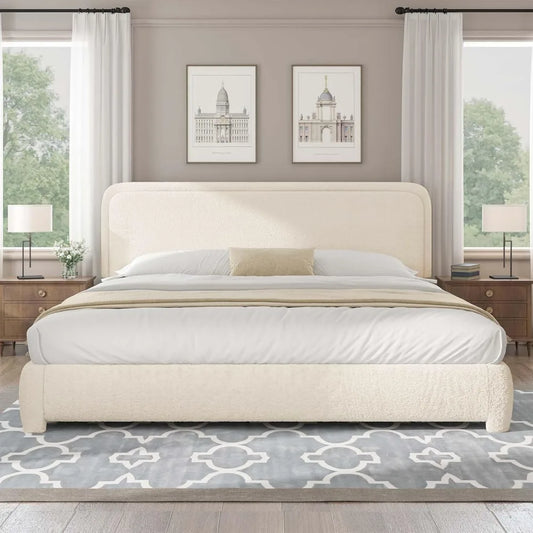 ZHUXIANG Boucle Upholstered Bed Frame With Soft Rounded Headboard Modern
