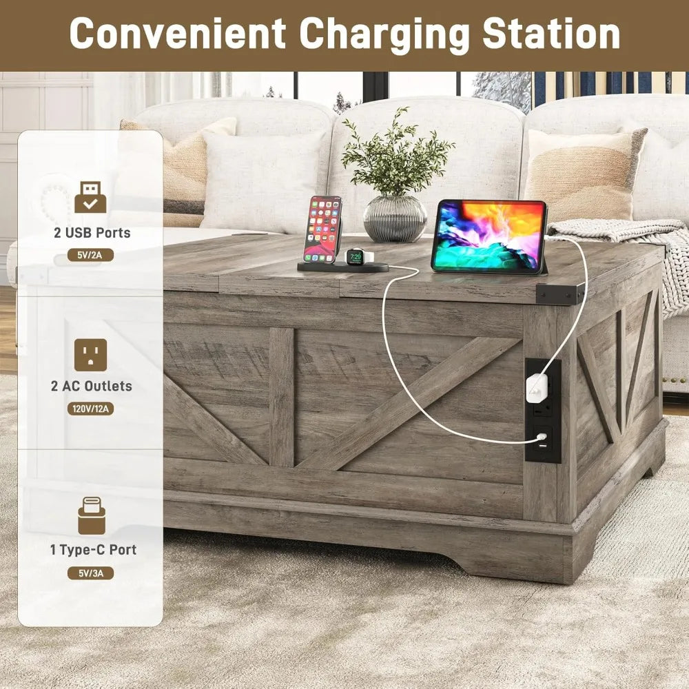 Farmhouse Lift Top Coffee Table With Power Outlets And Storage