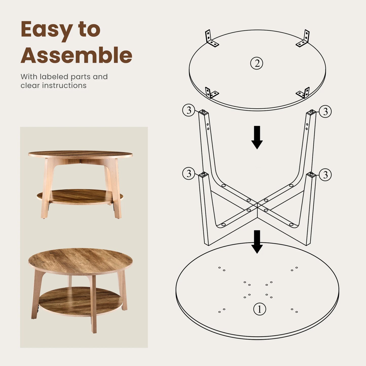 JHK Wood Round Coffee Table With Storage TwoTier Modern Design