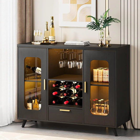 Bar Cabinet With Power Outlets And LED Lighting For Wine Storage