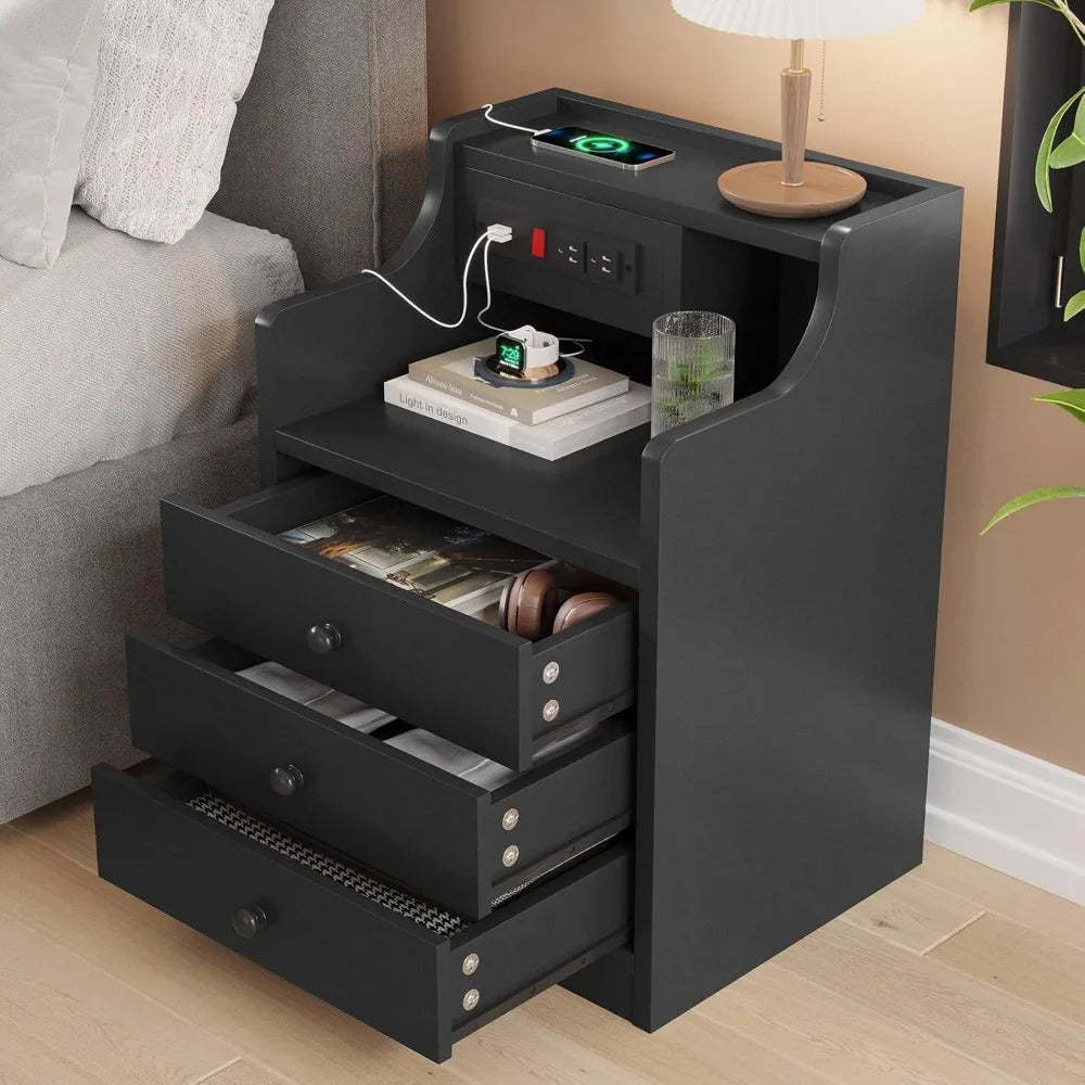 Bedside Table Set Of 2 With Charging Station And Storage