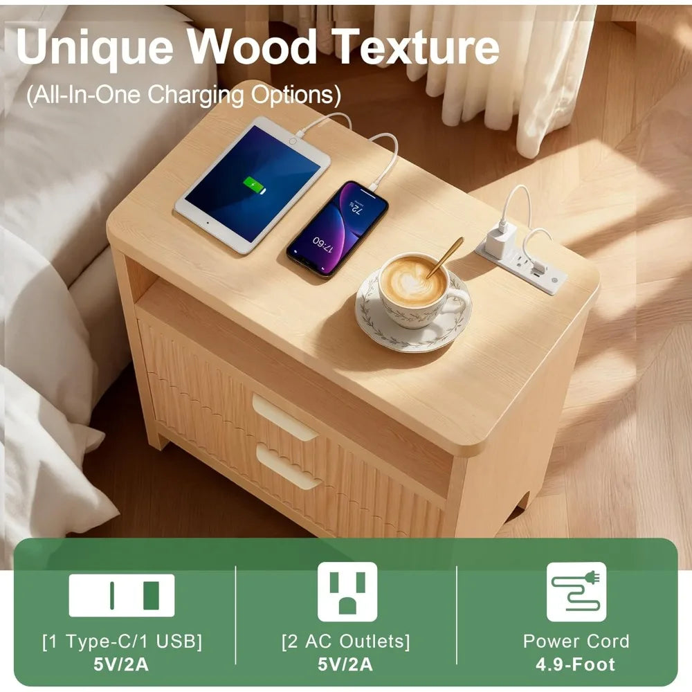 Chengwei Fluted Nightstand Set With Charging Station And 2 Drawers