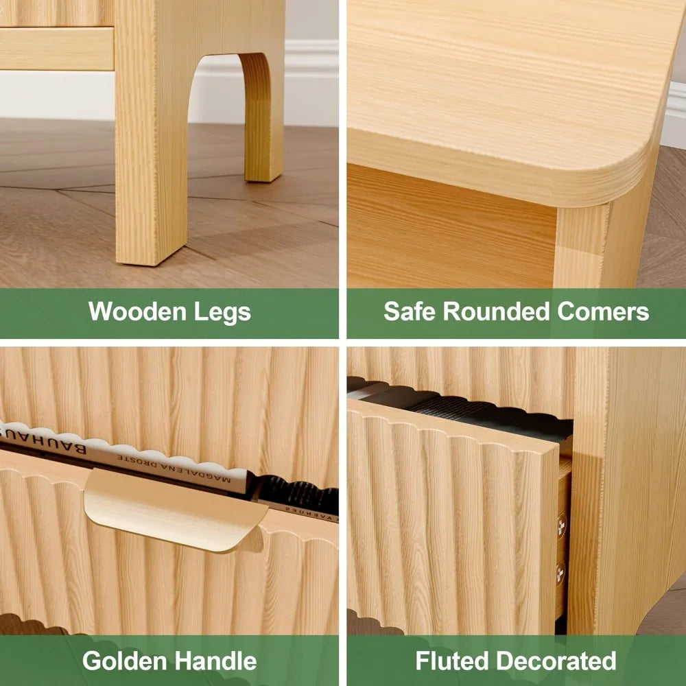 Chengwei Fluted Nightstand Set With Charging Station And 2 Drawers