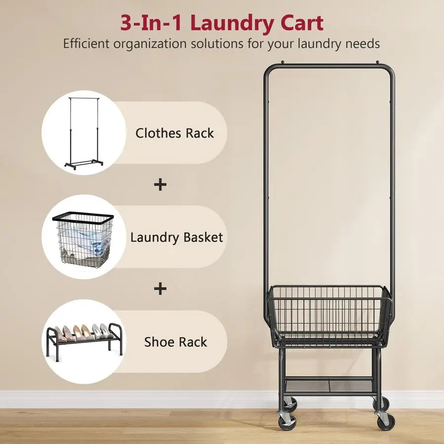 Laundry Cart with Hanging Rack, Metal Laundry Basket with Wheels, Laundry Hamper with Storage Basket and Shelf, Rolling Laundry