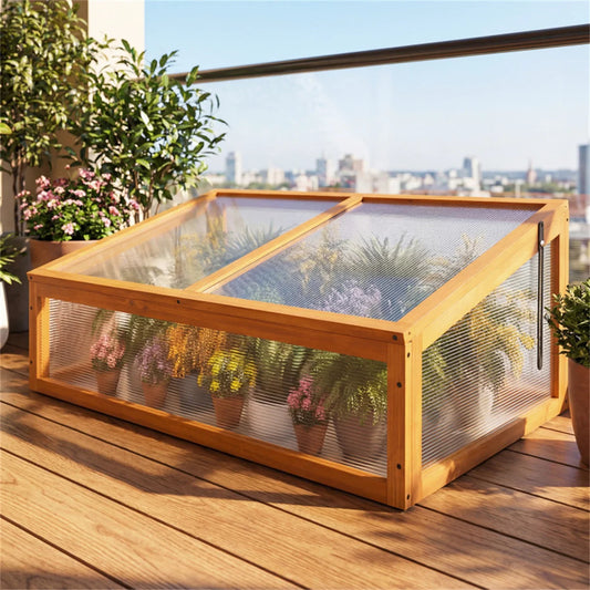 Wooden cold frame greenhouse with adjustable polycarbonate roof, portable mini greenhouse for extending the growing season of fl