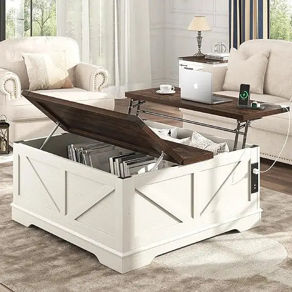 Farmhouse Lift Top Coffee Table With Power Outlets And Storage
