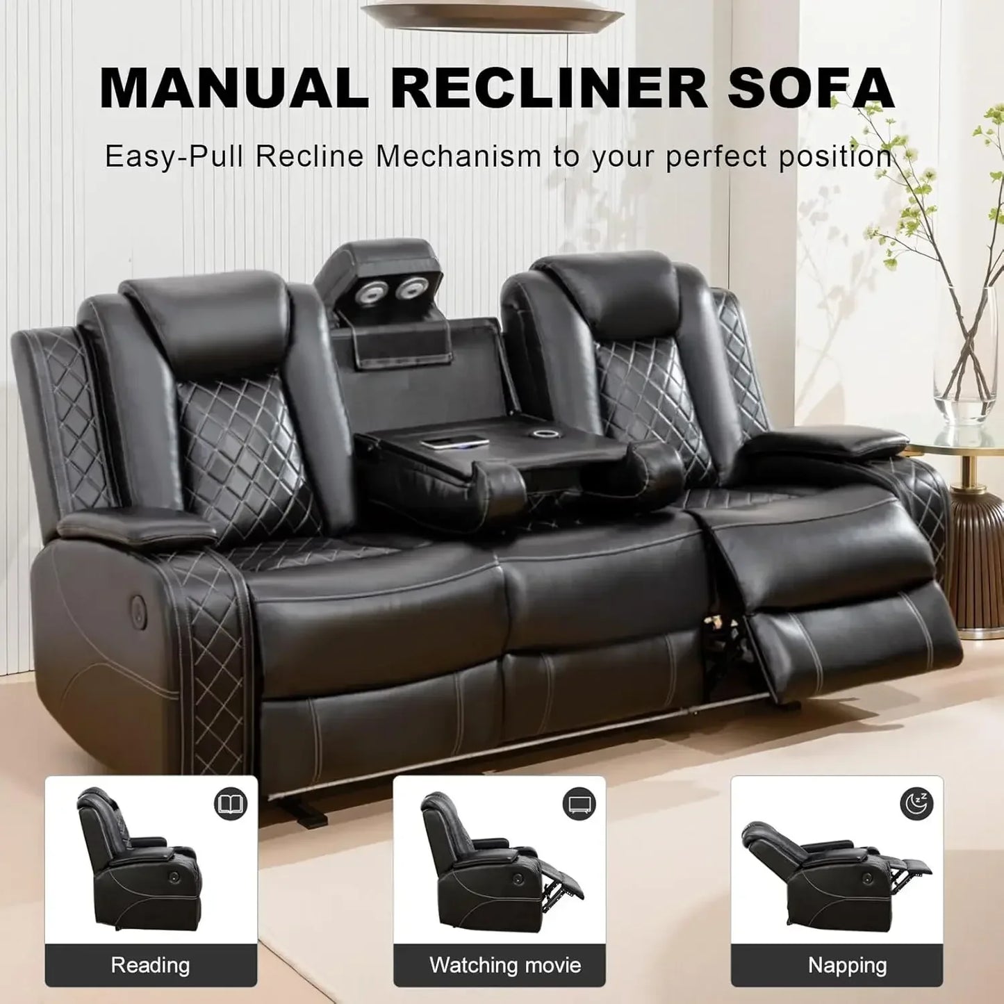 Electric Recliner Living Room Set LED Light And Wireless Charging