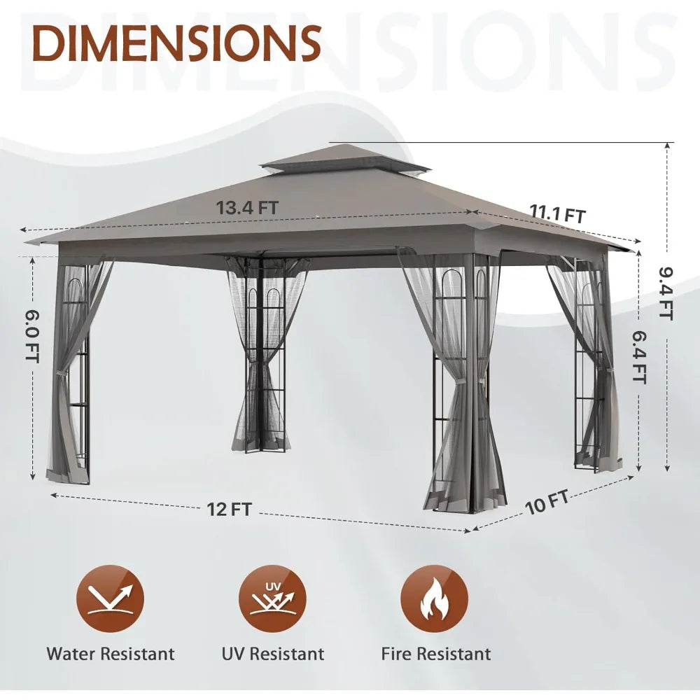 10x12 Outdoor Patio Gazebo with Netting, for Backyard, Lawn, Deck and Garden, Two-Tier Soft Top Canopy
