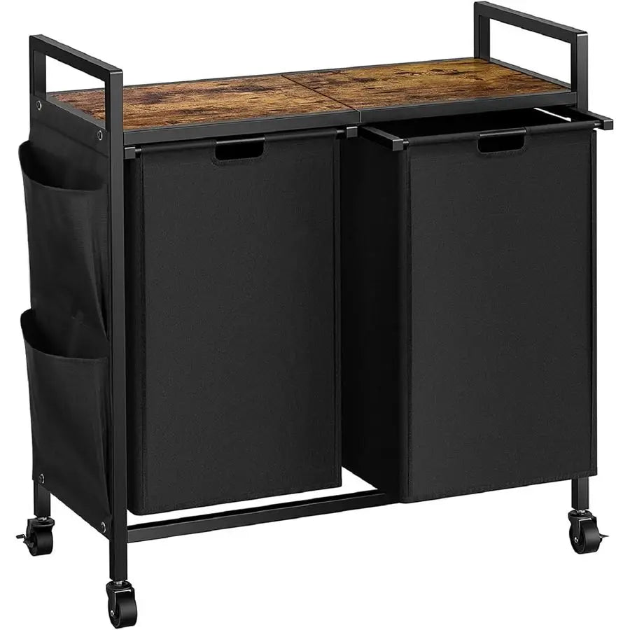 Double Laundry Hamper with Lid,Rolling Laundry Basket Organizer with Wheels, IronMade Laundry Sorter with Top Shelf and 2 Remova
