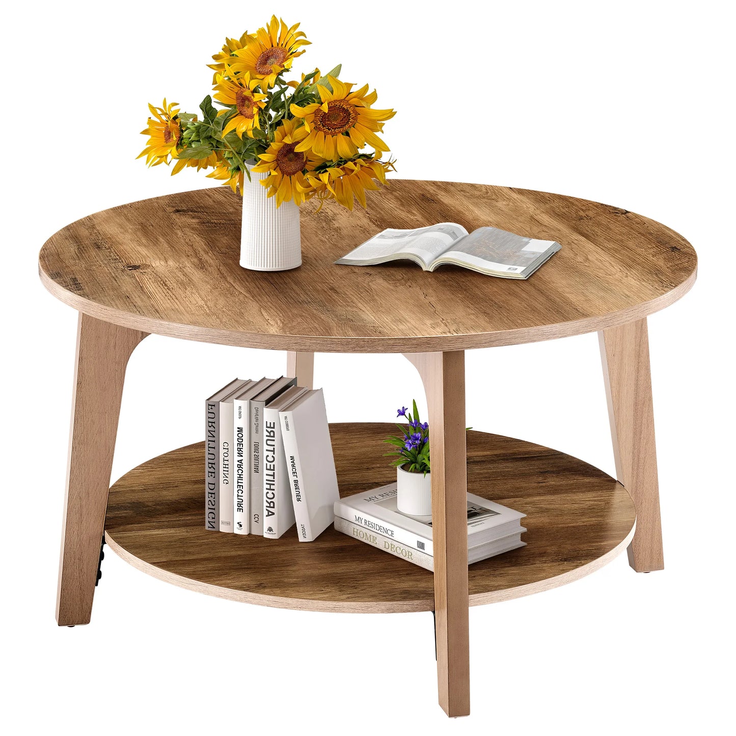 JHK Wood Round Coffee Table With Storage TwoTier Modern Design
