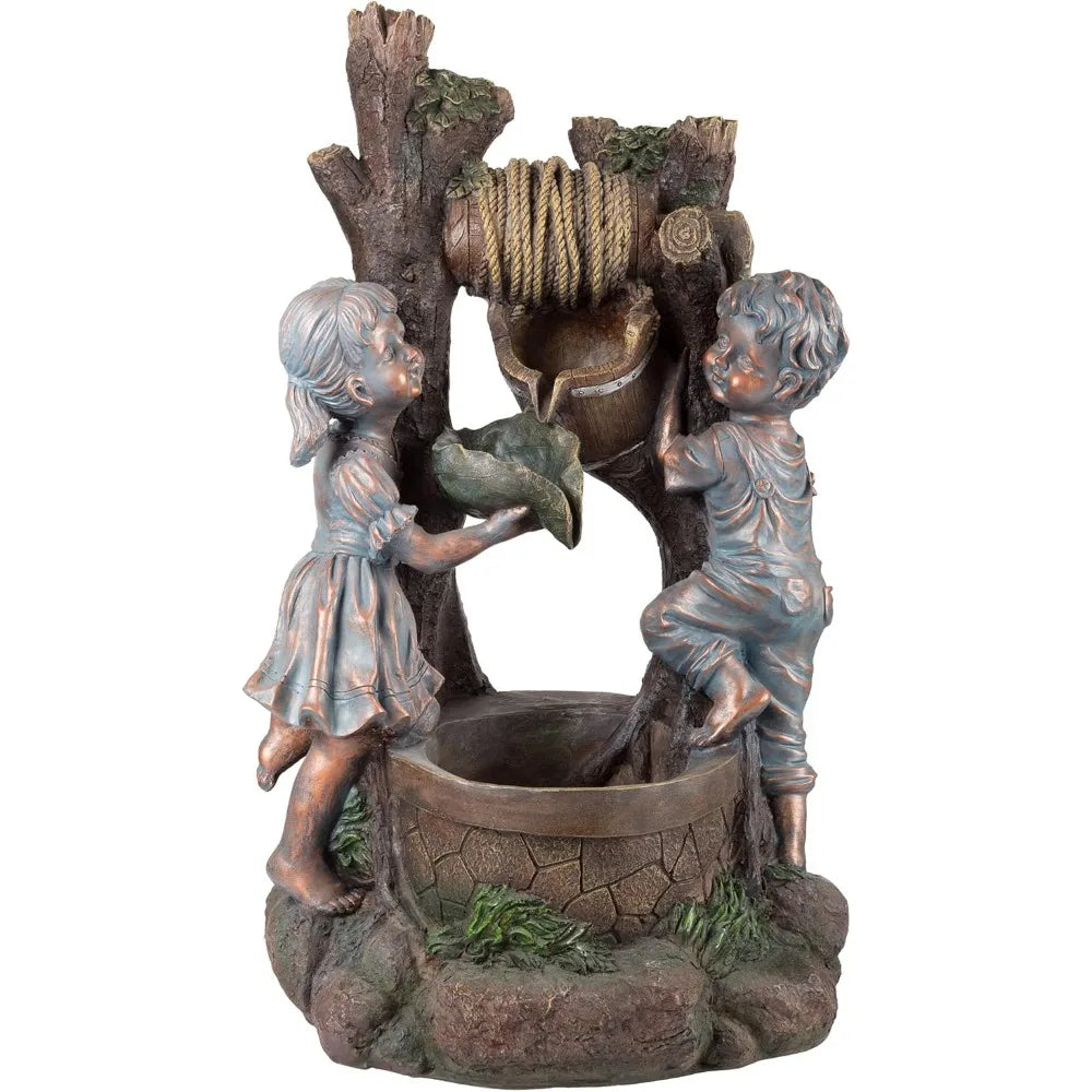 DAFIFY Outdoor Boy And Girl Fountain With Cascading LED Water Feature