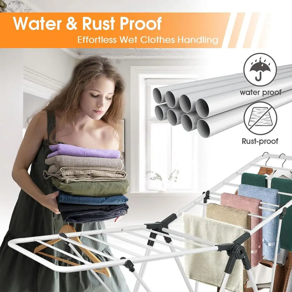 Foldable Metal Laundry Drying Rack with Height-Adjustable Wings, Space Saving, Indoor Outdoor Use, White Free-Standing Airer