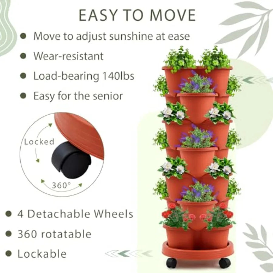 2 Set of 7 Tier Stackable Vertical Planters with Removable Wheels and Tools Tower for Indoor Outdoor Gardening Clay Red Pots fo