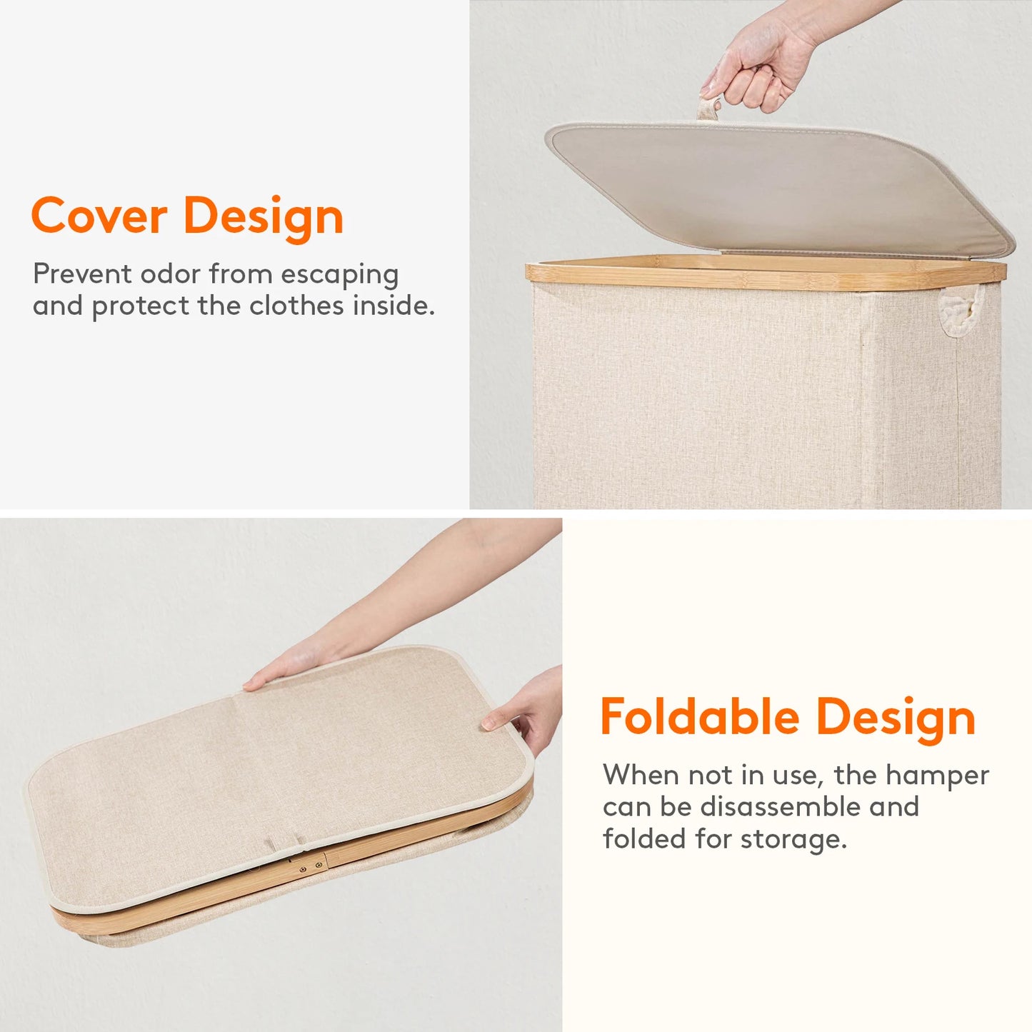 Laundry Basket with Lid, Clothes Hampers for Laundry with Bamboo Handles and A Removable Laundry Bag