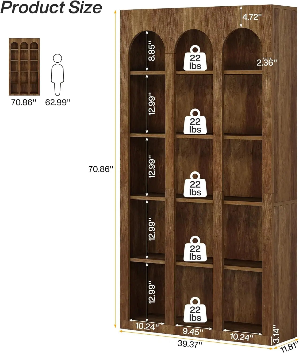 5-Tier Farmhouse Arched Bookshelf With Open Shelves