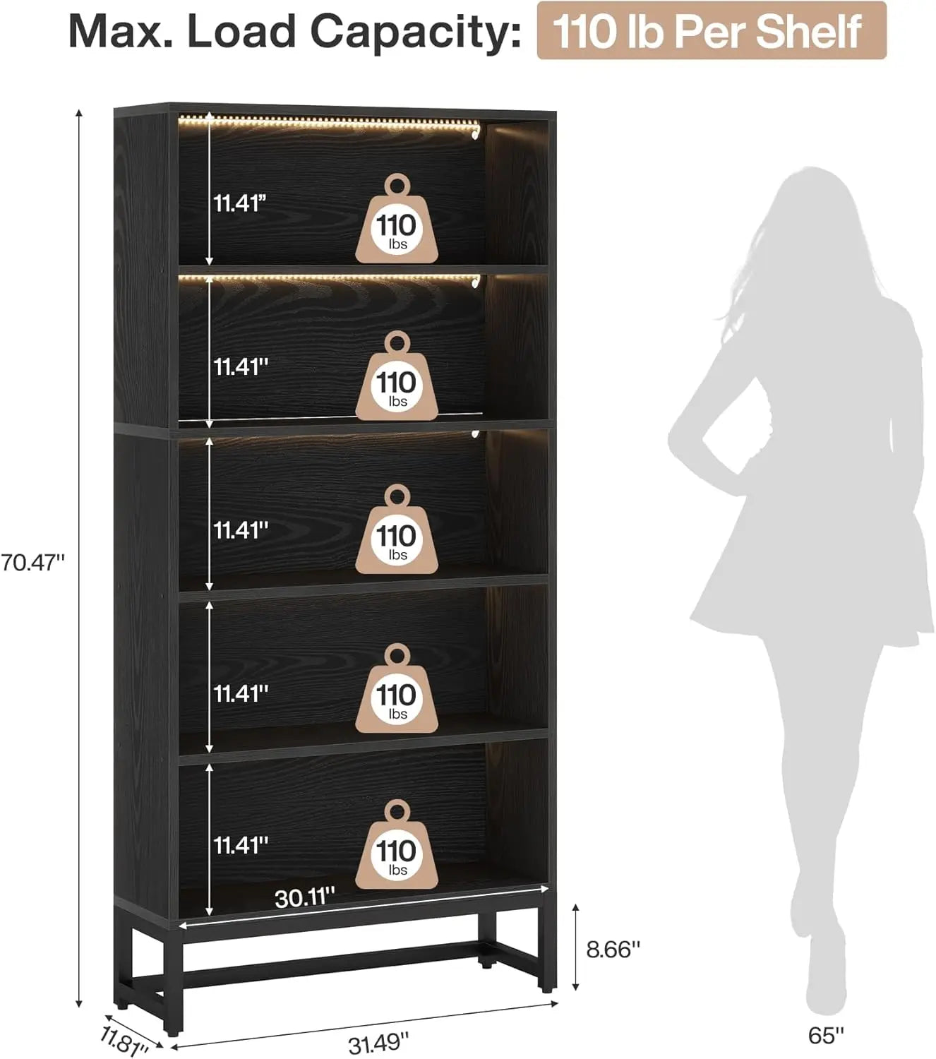 Modern Wood Bookshelf With Built In LED Lights Free Standing
