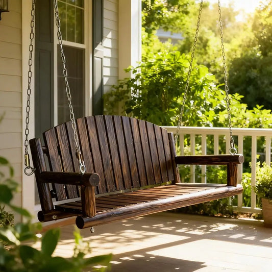 Rustic Porch Swing In Solid Fir Wood Handcrafted Outdoor Bench