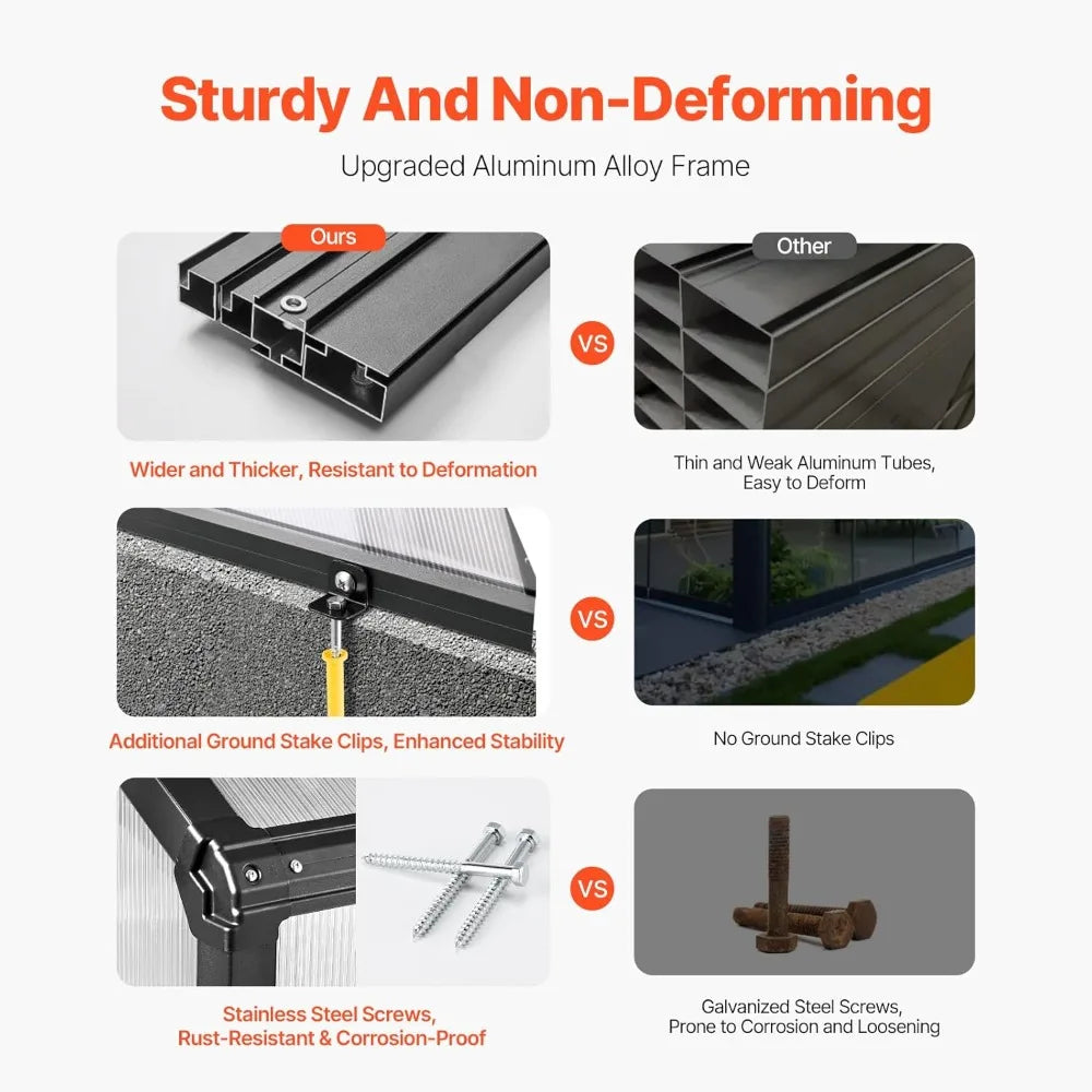 polycarbonate greenhouse, 8 x 14 ft, outdoor greenhouse with 2 vent windows, pavilion styled greenhouse with hinged door, alumi