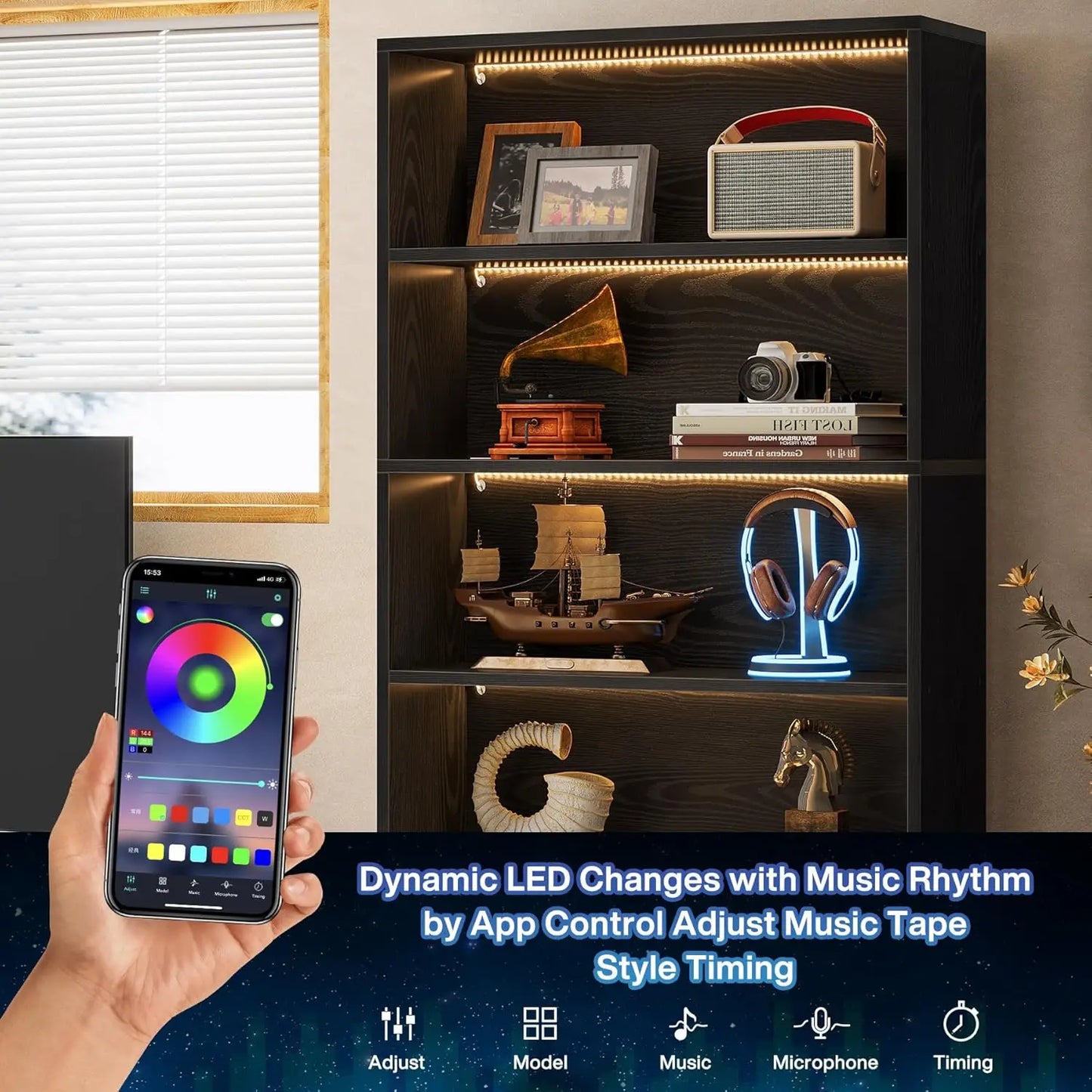 Modern Wood Bookshelf With Built In LED Lights Free Standing