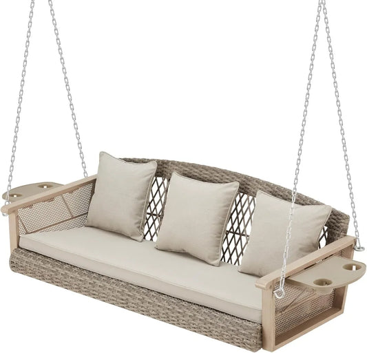 Wicker Porch Swing With Cup Holder Cushions For Outdoor Patio