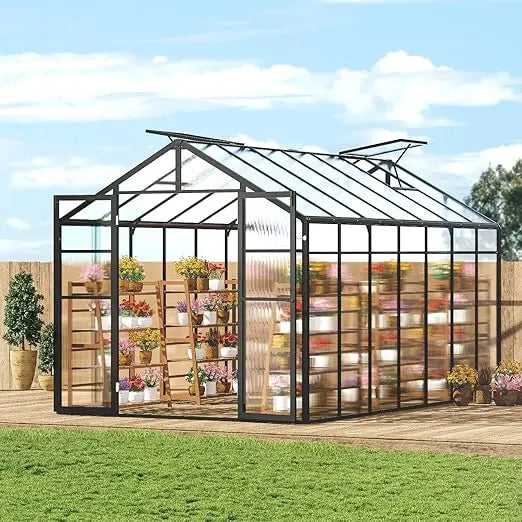 polycarbonate greenhouse, 8 x 14 ft, outdoor greenhouse with 2 vent windows, pavilion styled greenhouse with hinged door, alumi