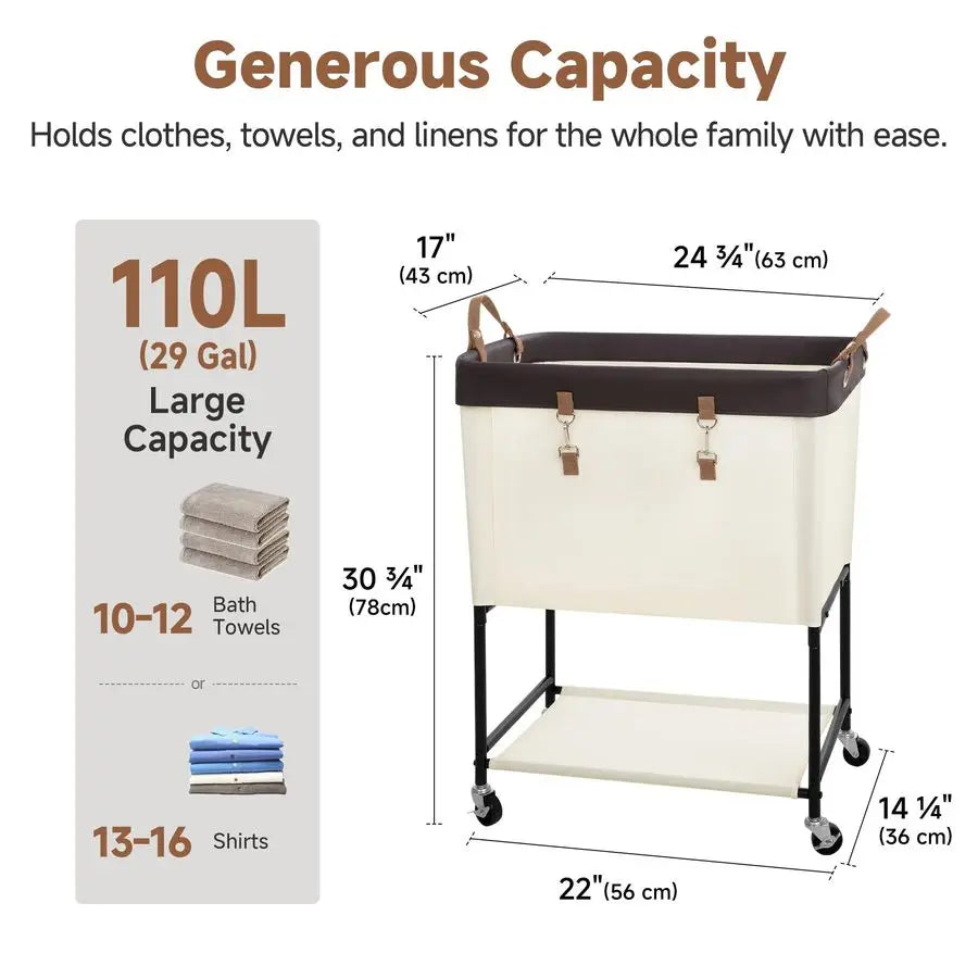 Laundry Cart, 2 Tier Rolling Laundry Basket, Heavy Duty Laundry Basket with Lockable Wheels, Laundry Room Organization and Stora