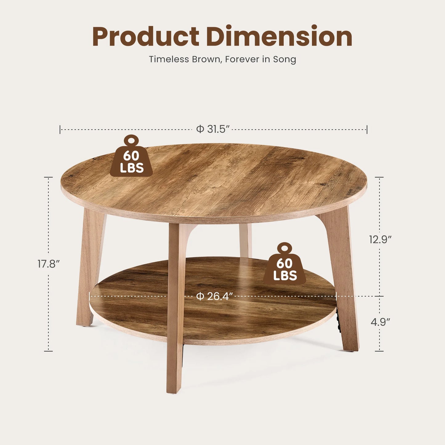 JHK Wood Round Coffee Table With Storage TwoTier Modern Design