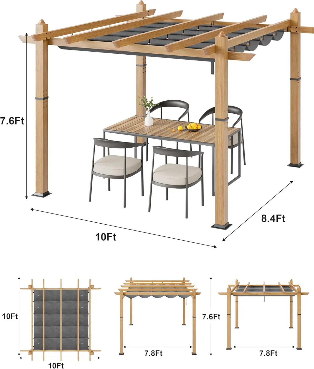 10X10FT 10X13FT Outdoor Pergola With Retractable Canopy,  Faux Wood Grain Metal Patio Gazebo, Modern Yard Pergola Shelter