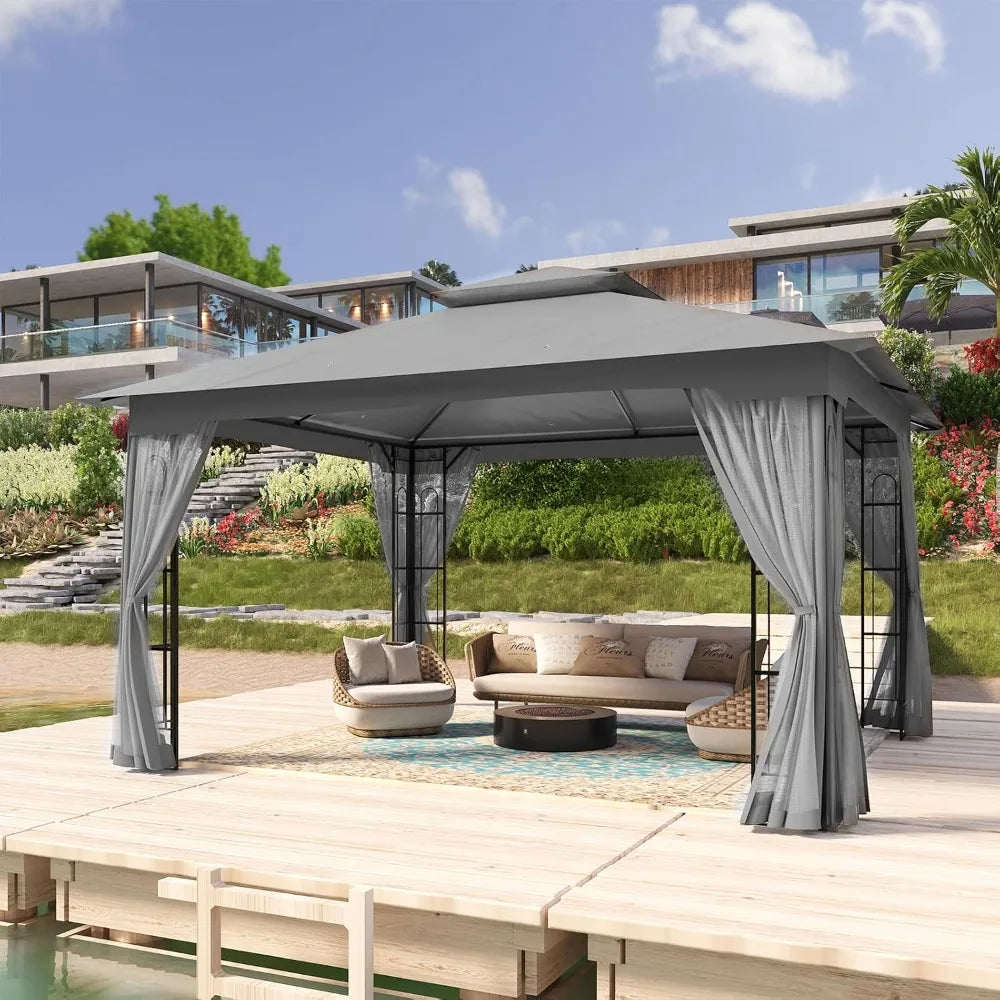10x12 Outdoor Patio Gazebo with Netting, for Backyard, Lawn, Deck and Garden, Two-Tier Soft Top Canopy
