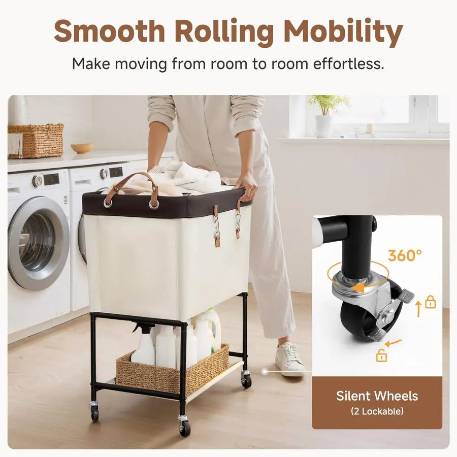 Laundry Cart, 2 Tier Rolling Laundry Basket, Heavy Duty Laundry Basket with Lockable Wheels, Laundry Room Organization and Stora