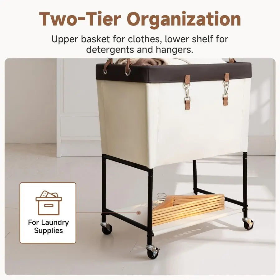 Laundry Cart, 2 Tier Rolling Laundry Basket, Heavy Duty Laundry Basket with Lockable Wheels, Laundry Room Organization and Stora