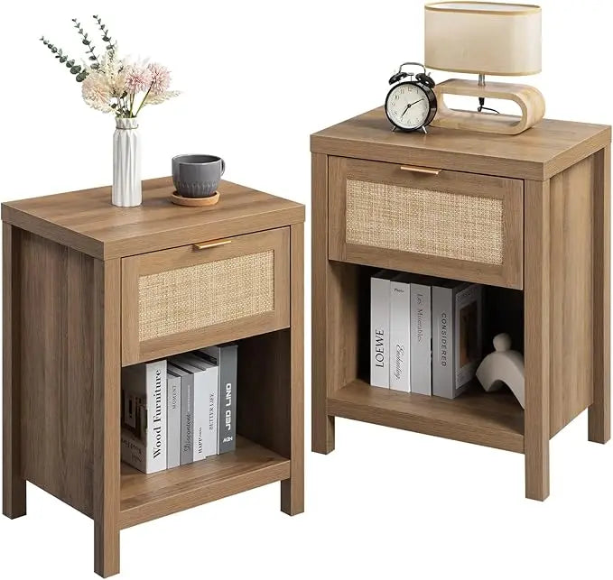 Chengwei Rattan Nightstands Set of 2 Farmhouse Boho Bedside Tables