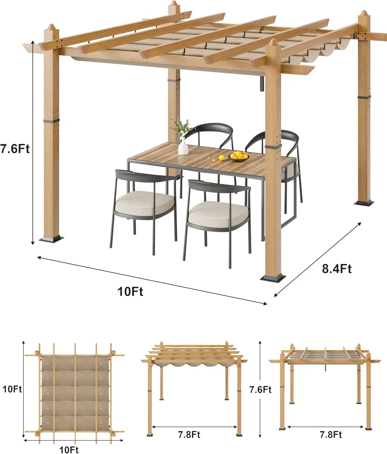 10X10FT 10X13FT Outdoor Pergola With Retractable Canopy,  Faux Wood Grain Metal Patio Gazebo, Modern Yard Pergola Shelter