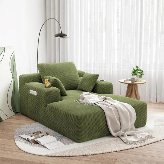 LIKIMIO Corduroy Chaise Lounge Chair With Cup Holders And Storage